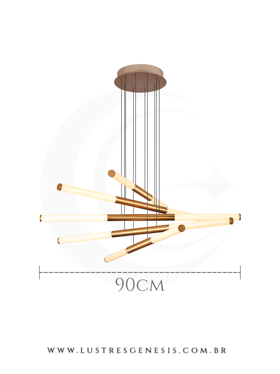 Lustre moderno de LED dourado modelo Puppet, ideal para casas com pé direito duplo ou alto, com 90 cm de largura, pendente e sofisticado da marca Sindora.